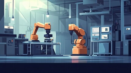 Poster - Two Industrial Robots Working in a Factory Setting