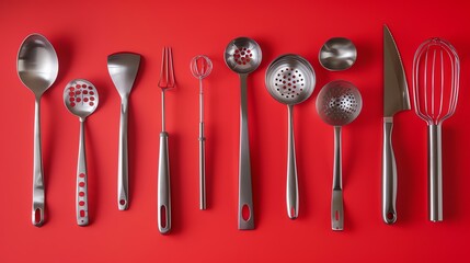 Wall Mural - A collection of silver kitchen utensils arranged in a row on a red background.