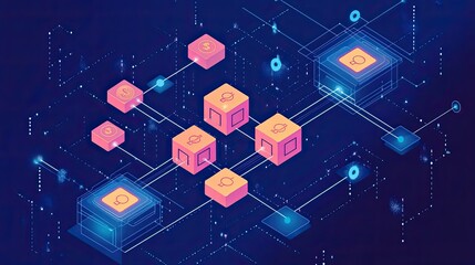 Poster - Abstract Network of Interconnected Pink Cubes with Symbolic Icons