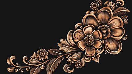 Poster - Intricate Carved Wooden Floral Design on Black Background