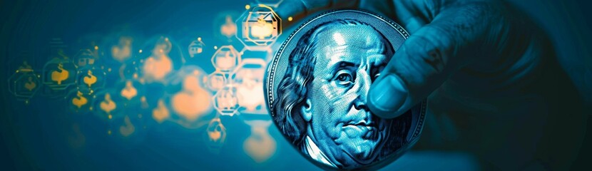 Poster - Closeup of Dollar Bill with Stock Market Chart in Background Representing Digital and Cyber Money Concepts for Financial and Business Use