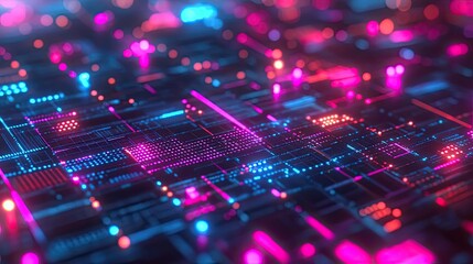 Poster - Abstract Digital Circuit Board with Pink and Blue Lights