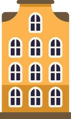 Wall Mural - Minimalist illustration featuring a narrow orange building, evoking a typical dutch canal house, with its characteristic gable roof and numerous windows