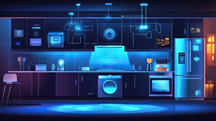 Poster - A futuristic smart kitchen with glowing blue lights