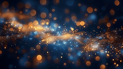 Poster - Golden and Blue Bokeh Lights Background with Sparkling Particles and Glowing Effects for Holiday and Christmas