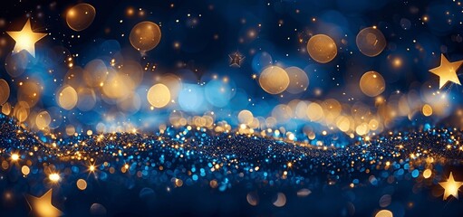 Poster - Blue and Gold Glitter Background with Stars and Bokeh Lights for New Year 2024