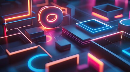 Poster - Abstract Neon Geometric Shapes with Pink and Blue Glowing Lines