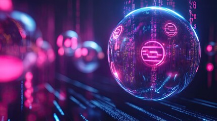 Poster - Holographic Sphere with Neon Pink Lines and Digital Code