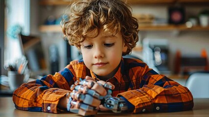Aufkleber - A curious young boy with curly hair sits at a table, proudly displaying his robotic hand.
