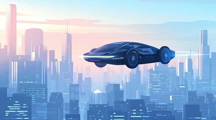 Wall Mural - Futuristic flying car soaring over a city skyline