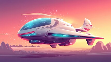 Wall Mural - futuristic white spaceship flying over purple desert landscape at sunset