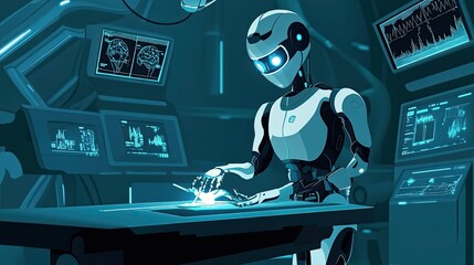 Poster - A humanoid robot operating a futuristic medical device in a sterile laboratory setting.
