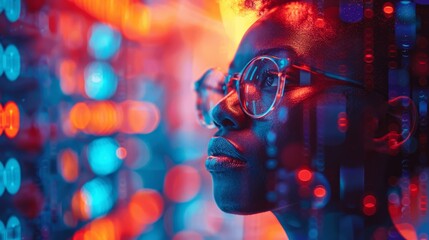 Poster - African Man in Glasses Analyzing Cyber Security Threats with Digital Screens and Neon Lights High-Tech Concept
