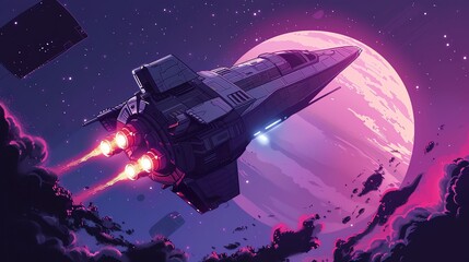 Wall Mural - a spaceship taking off from a planet in outer space.