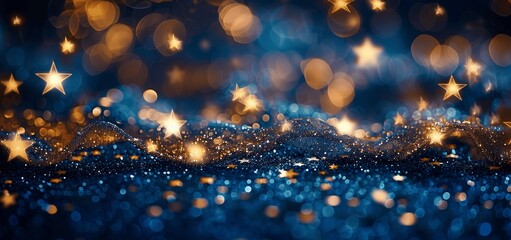 Poster - Blue and Gold Glitter Background with Stars and Bokeh Lights, High Resolution New Year's Concept