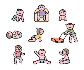 Poster - cute baby icons, cute actions. outline simple vector illustration.