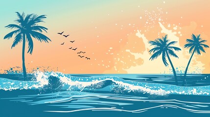 Poster - A tropical sunset with palm trees and ocean waves.