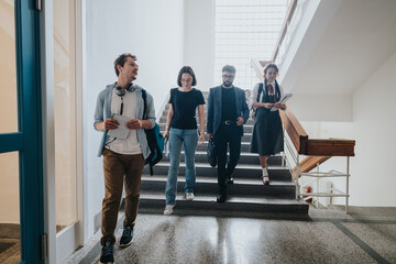 Poster - A group of students accompanied by a professor descend a bright staircase in a school setting. The scene conveys a sense of learning, mentorship, and academic pursuit.