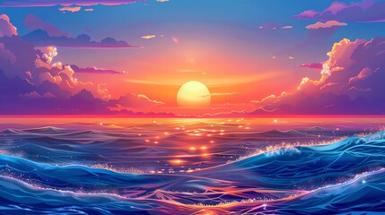 Wall Mural - A vibrant sunset over the ocean, with colorful clouds and a shining sun.