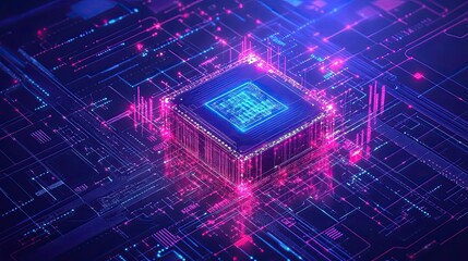 Poster - A glowing blue and pink processor chip on a motherboard
