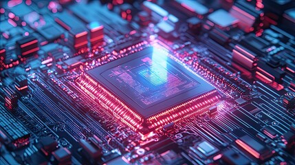 Poster - A Close-Up View of a Computer Chip with Glowing Red and Blue Lights
