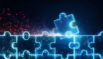 Poster - A glowing puzzle piece fits into a digital puzzle, symbolizing problem-solving and connectivity in a futuristic environment.