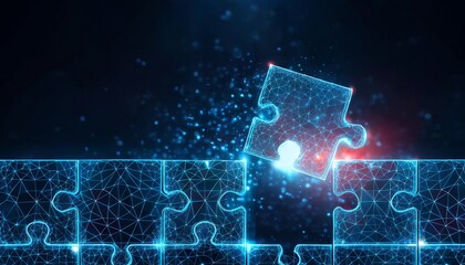 Poster - A glowing puzzle piece is being inserted into a digital puzzle against a dark background, symbolizing problem-solving and technology.