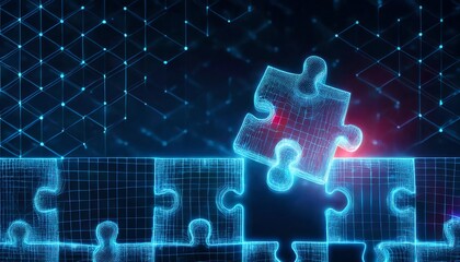 Poster - A digital puzzle piece is being placed into a glowing, interconnected puzzle, symbolizing problem-solving and technology integration.