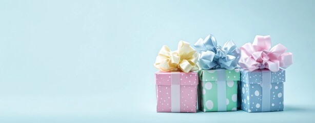 Colorful Gift Boxes with Bows on Light Blue Background for Birthday Celebration or Holiday Decoration