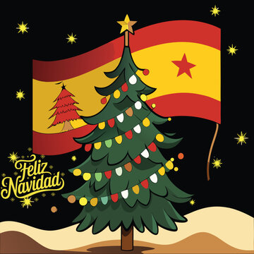 Feliz Navidad calligraphic lettering Spanish Christmas Winter tree Vector on Spain national flag Background text tshirt poster banner illustration