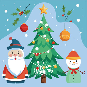 Feliz Navidad calligraphic lettering Spanish Christmas Winter tree Vector Background text tshirt poster banner illustration