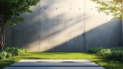 Poster - A concrete wall with a grassy lawn and a wooden platform in the foreground. The wall is illuminated by sunlight, casting long shadows from the trees.