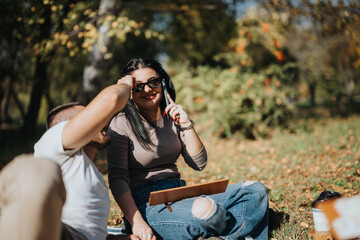 Canvas Print - A young couple relaxes in a park, enjoying the autumn sunshine. They sit on the grass under a tree, chatting, with a laptop and coffee cups creating a cozy atmosphere.