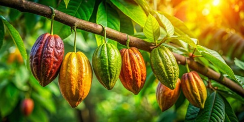 Poster - Lush Ripe Cocoa Pods Hanging from a Cacao Tree Branch in Vibrant Urban Jungle Setting, Capturing the Beauty of Nature and Agriculture in an Urban Exploration Context