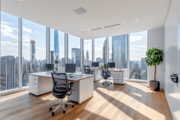 Aufkleber - A modern office space with large windows offering panoramic city views, featuring sleek desks, comfortable chairs, and a potted plant, with natural light streaming in.