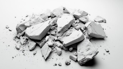 Poster - Broken White Plaster Pieces on White Surface Reflecting Artistic Destruction, Creative Chaos, and Textural Variety within Minimalist Design