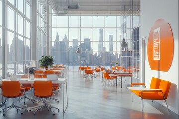 Aufkleber - Modern, open-plan office with large windows overlooking a city skyline.