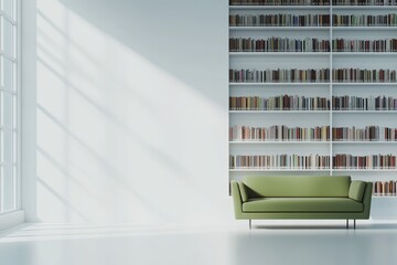 Aufkleber - A green sofa sits in front of a large bookshelf in a bright white room with a large window.