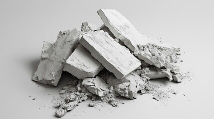 Poster - Pile of Rough, Crumbled White Plaster Blocks on a Light Gray Background Showcasing Texture and Details for Interior Design or Crafting Projects