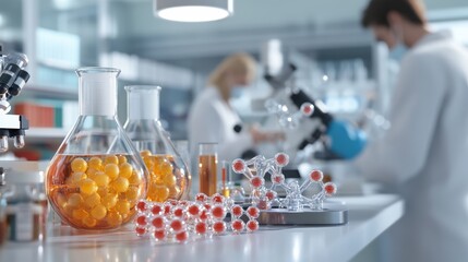 Poster - Laboratory scene with glassware, colorful reagents, and scientists conducting research.