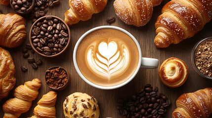 Wall Mural - A top-down view of a coffee cup with latte art, surrounded by an assortment of bakery goods like croissants and Danish pastries on a café table 