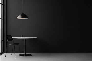 Poster - Minimalist black and white interior design with a round table and chair against a black wall with a pendant light.