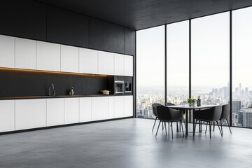 Aufkleber - Modern kitchen with dining area and city view.