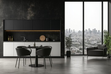 Aufkleber - Modern kitchen with dining area and cityscape view.