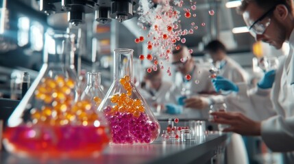 Poster - Scientists conducting experiments with colorful liquids in a modern laboratory.