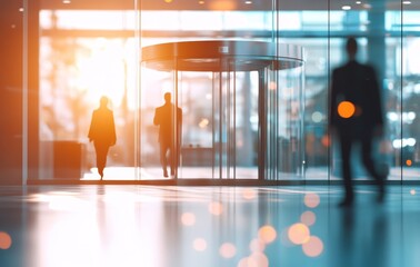 Poster - Silhouettes of business people walking through a modern office building entrance with a revolving door.