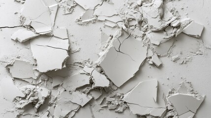 Poster - Cracked and Broken White Plaster Wall Surface Showing Texture and Detail of Aging and Deterioration with Various Sizes of Chipped Fragments on a Neutral Background