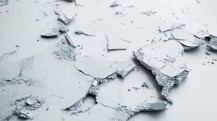 Poster - Fragmented pieces of white paint or plaster scattered on a smooth surface, showcasing texture and imperfections in a minimalistic setting for artistic use