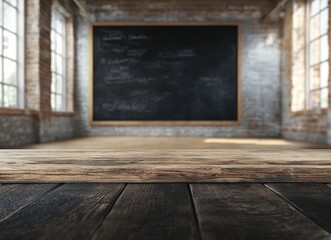 Poster - Empty wooden table in front of a vintage classroom with a blackboard.
