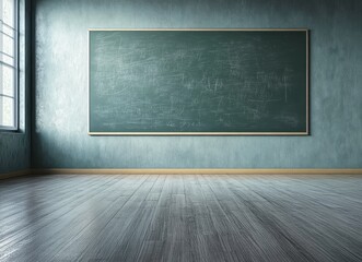 Poster - Empty classroom with chalkboard and wooden floor.